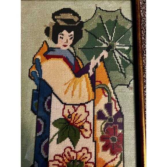 Frame Needlepoint Geisha Wall Hanging in gold tone frame. - Picture 3 of 7
